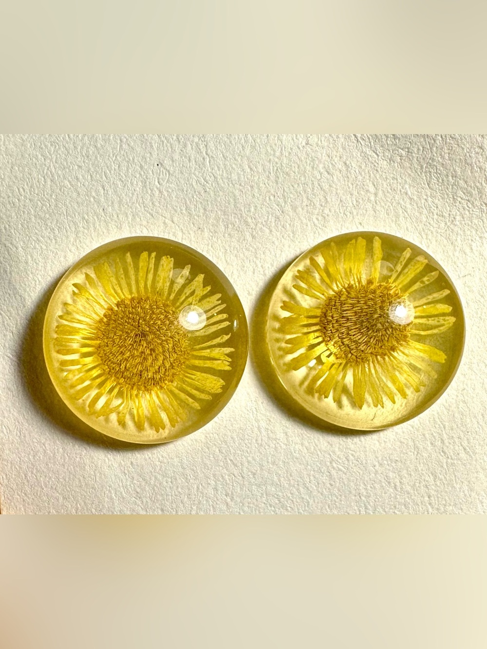 Botanical REAL YELLOW FLOWERS Stud Cabochon Earrings Pressed in Clear Resin